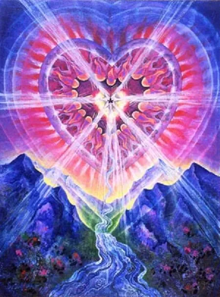 Painting of a glowing heart above mountains and a flowing river